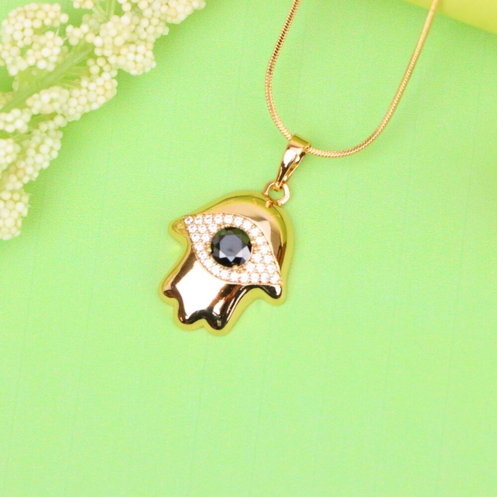 "Black Evil Eye Hamsa Pendant in Gold Plated Brass – Bold  Amulet, XPPT1756 - Picture 2 of 13